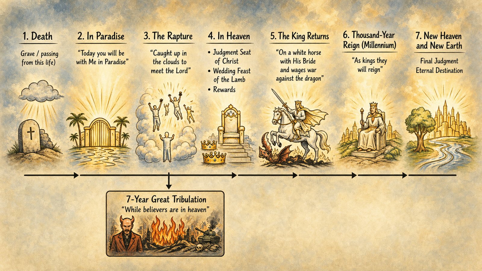Timeline of the afterlife: Death, In Paradise, The Rapture, In Heaven, The King Returns, the Thousand-Year Reign, and the New Heaven and New Earth